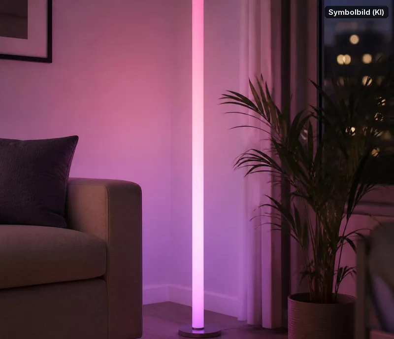 Symbolbild, mit KI erstellt: Stehlampe mit pink-violettem Licht in einer Wohnzimmerecke