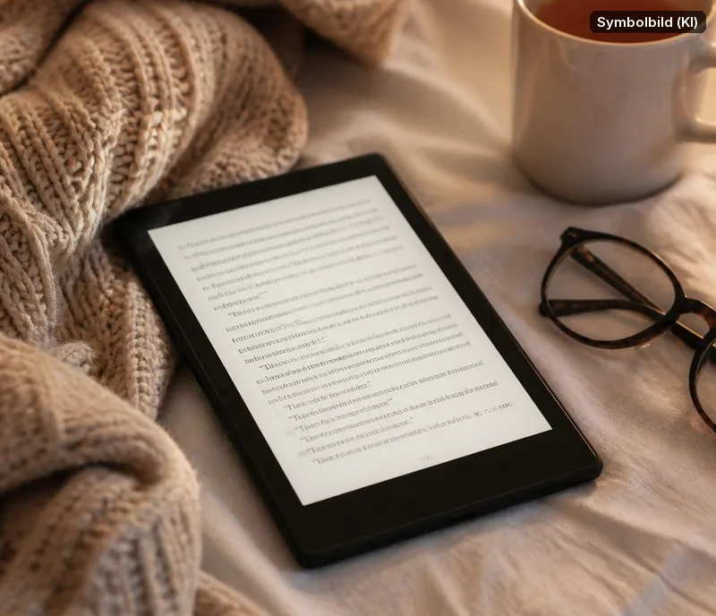 Symbolbild, mit KI erstellt: E-Reader auf einem Bett neben Tee und Brille