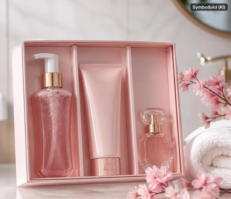 Symbolbild, mit KI erstellt: rosa Geschenkset mit Duschgel, Creme und Parfüm