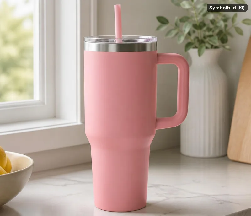 Symbolbild, mit KI erstellt: rosa Trinkbecher mit Strohhalm auf einer Küchenarbeitsplatte