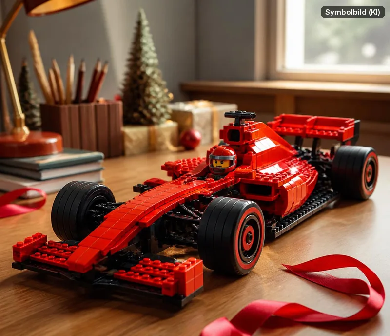 Symbolbild, mit KI erstellt: roter LEGO-Rennwagen auf einem Schreibtisch mit Schleife