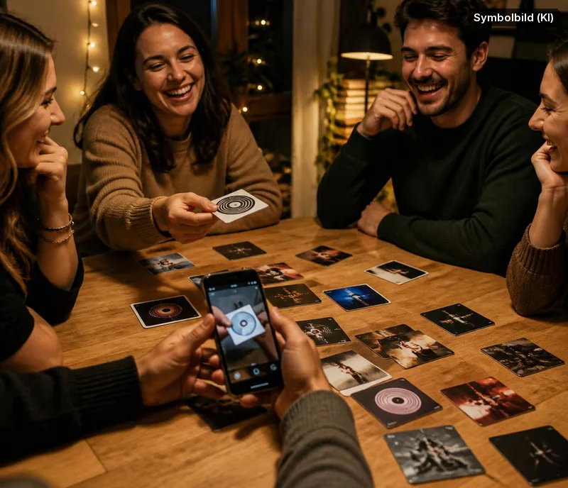 Symbolbild, mit KI erstellt: Freunde spielen ein Musik-Kartenspiel am Tisch