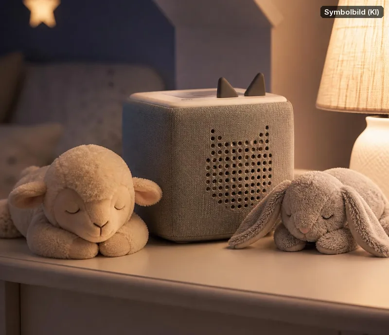 Symbolbild, mit KI erstellt: grauer Audio-Würfel mit Kuscheltieren auf einem Nachttisch