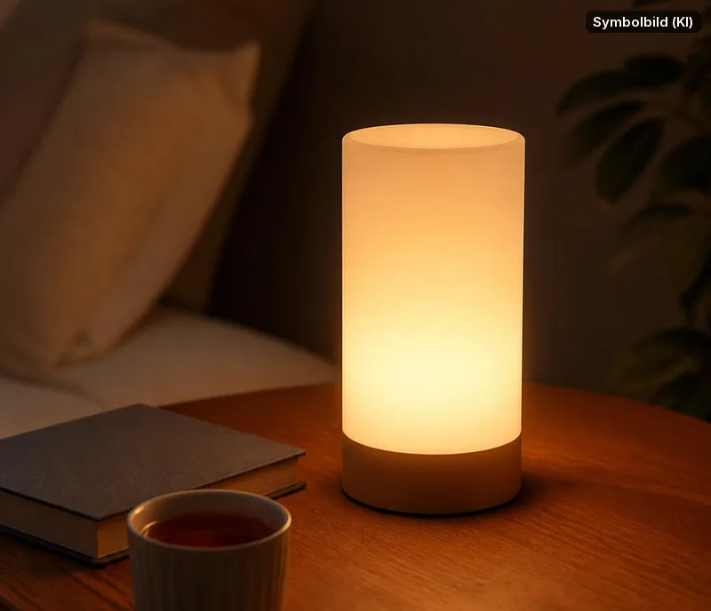 Symbolbild, mit KI erstellt: Touch-Tischlampe auf einem Nachttisch