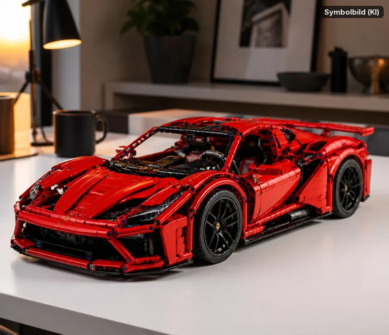 Symbolbild, mit KI erstellt: rotes LEGO-Technic-Rennauto auf einem Schreibtisch