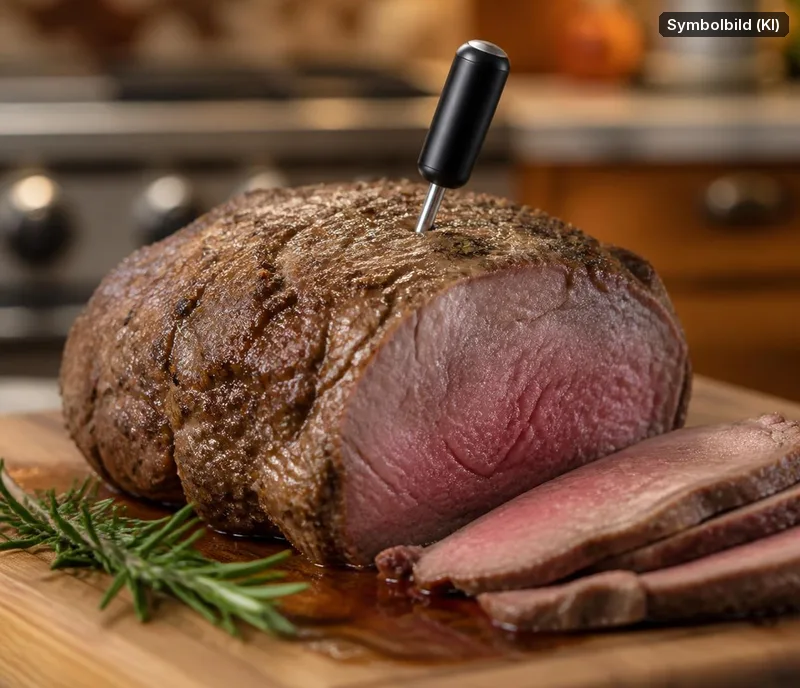 Symbolbild, mit KI erstellt: Fleischthermometer in einem Braten