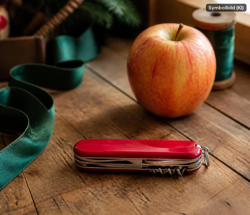 Symbolbild, mit KI erstellt: rotes Taschenmesser auf einer Werkbank
